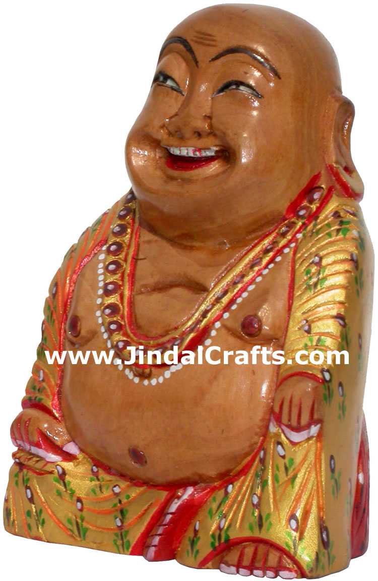 Hand Carved Wooden Painted Laughing Buddha Figure India