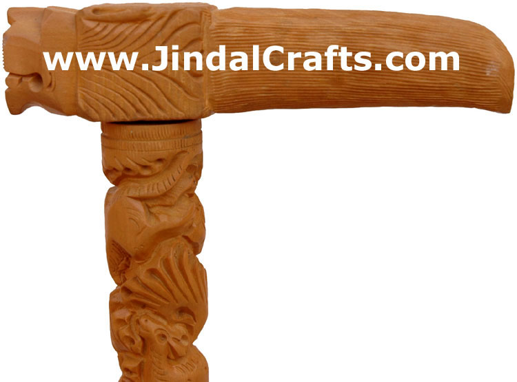 Hand Carved Kadam Wood Walking Stick India Animal Engraving Traditional Art