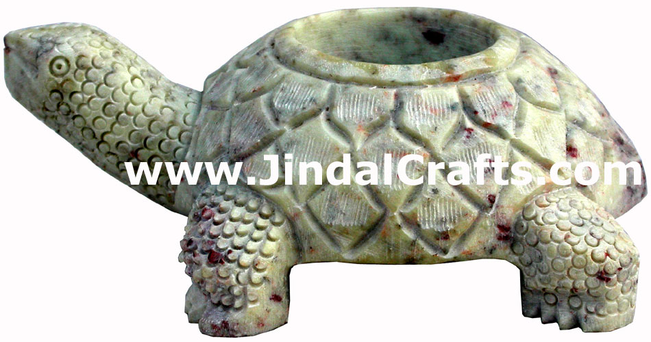 Hand Carved Soft Stone Turtle Shaped Tea Light Candle Holder Home Decor India