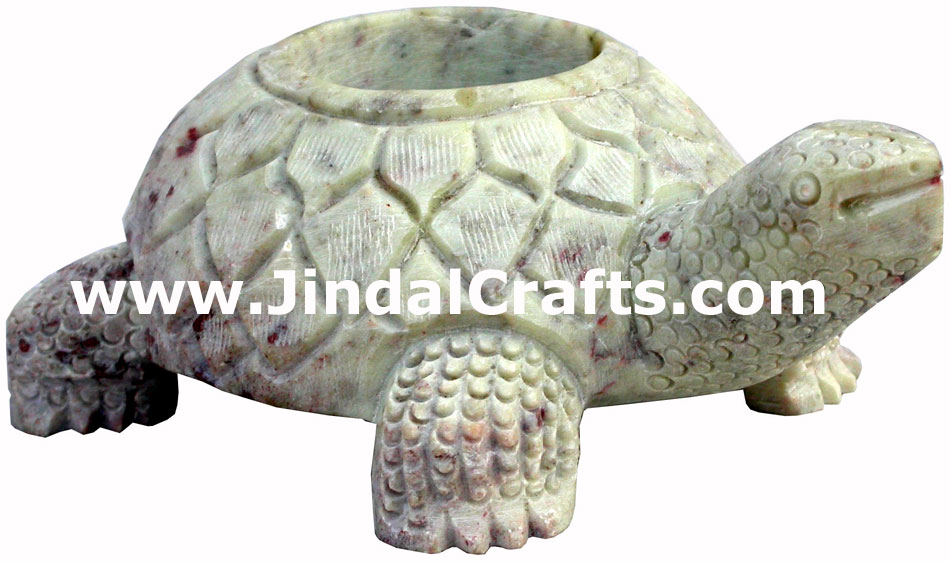 Hand Carved Soft Stone Turtle Shaped Tea Light Candle Holder Home Decor India