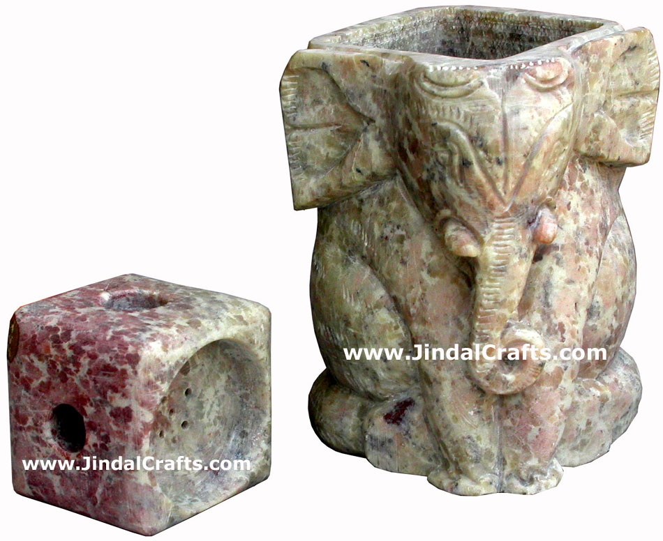 Hand Carved Soft Stone Tea Light Candle Holder in Lucky Elephant shape India Art