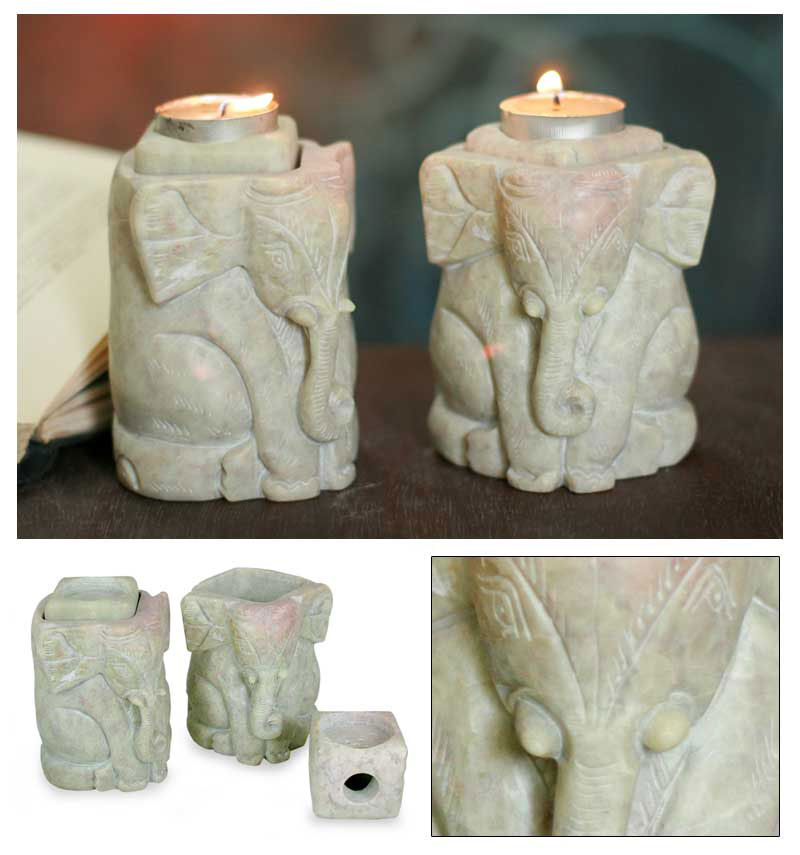 Hand Carved Soft Stone Tea Light Candle Holder in Lucky Elephant shape India Art