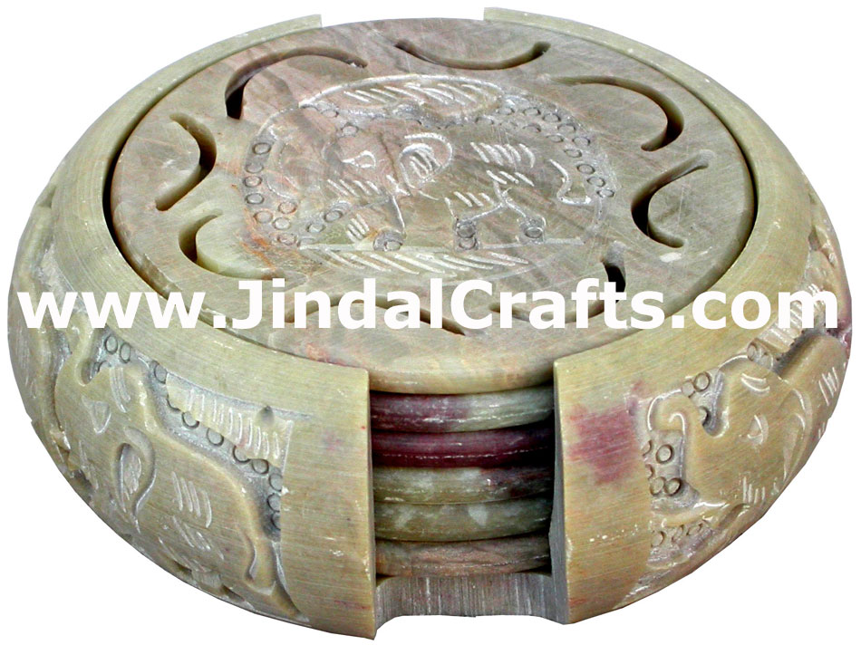 Hand Carved Stone Coaster Set Rich Indian Art Crafts Handicraft Artifact