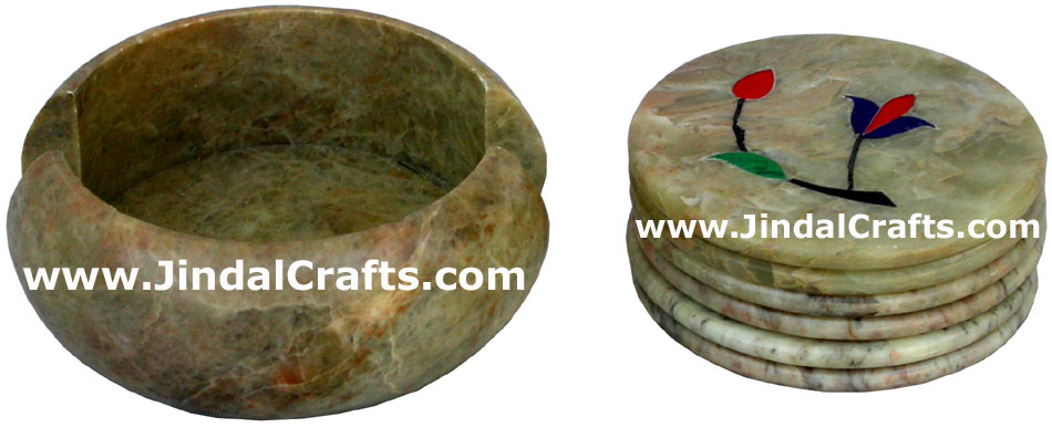 Hand Carved Stone Inlay Coaster Set Rich Indian Art Crafts Handicraft Artifact