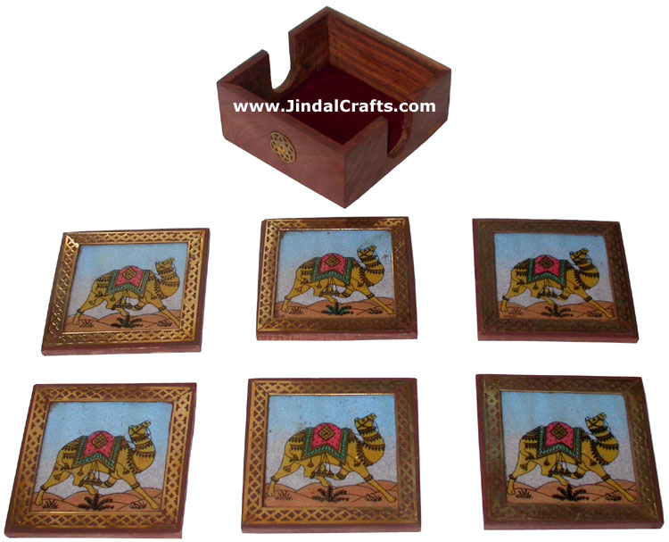 Handmade Gemstone Dust Wood Coasters Set India Crafts