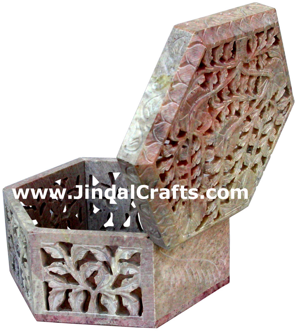 Hand Carved Stone Jewelry Multi Purpose Jaali Design Box Indian Handicrafts Arts
