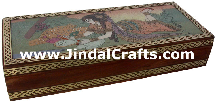 Hand Carved wood and Gemstone Dust Painting Box India