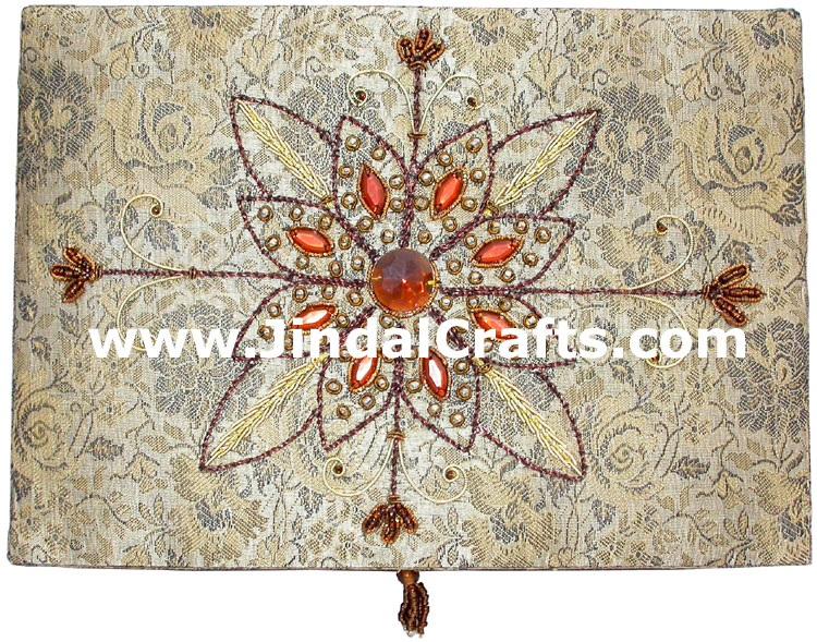 Hand Embroidered Designer Beaded Zari Jewelry Box Souvenir Indian Rich Novica