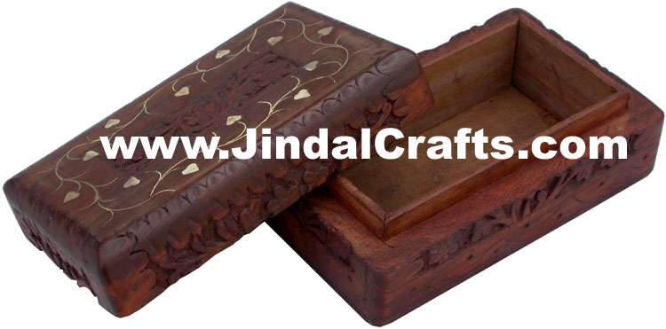 Handmade Wooden Carving Brass Inlay Box Indian Handicrafts Arts Crafts Gifts