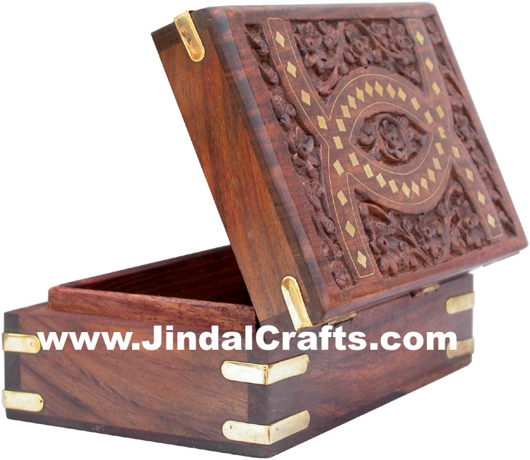 Handmade Wood Carved Brass Inlay Box Indian Handicrafts Arts Crafts Gifts Jindal