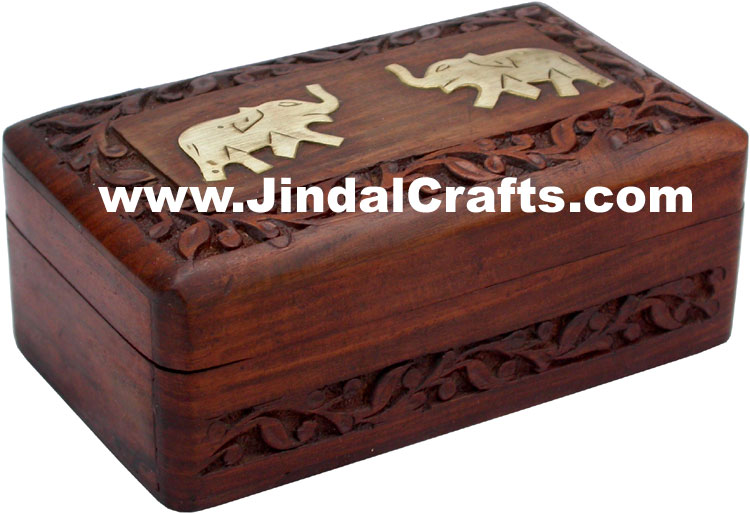 Handmade Wooden Brass Inlay Box Indian Handicrafts Arts Crafts Gift Elephants