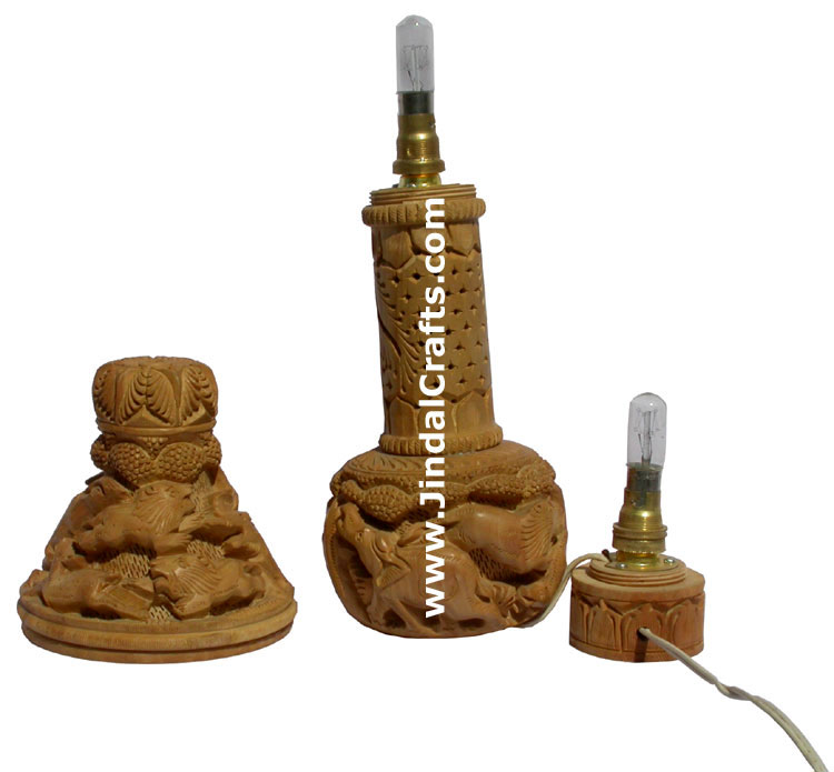Handmade Wooden Jungle Table Lamp Indian Carving Art