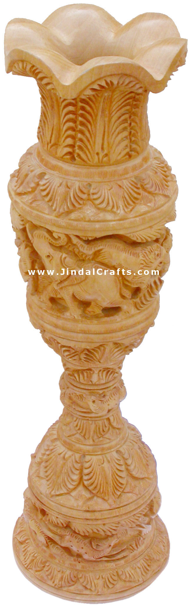 Hand Carved Wooden Vase Jungle Work India Fair Trade