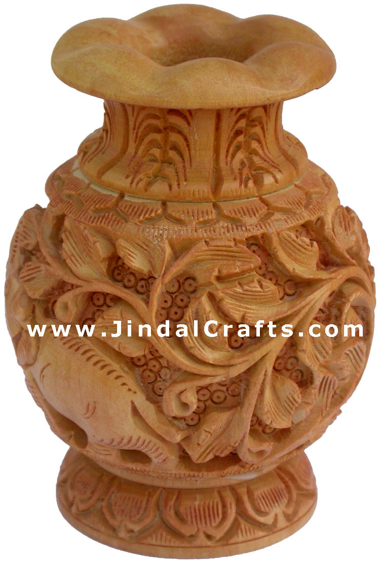 Hand Carved Wooden Decorative Vase India Fair Trade Art Leaf Carving Handmade