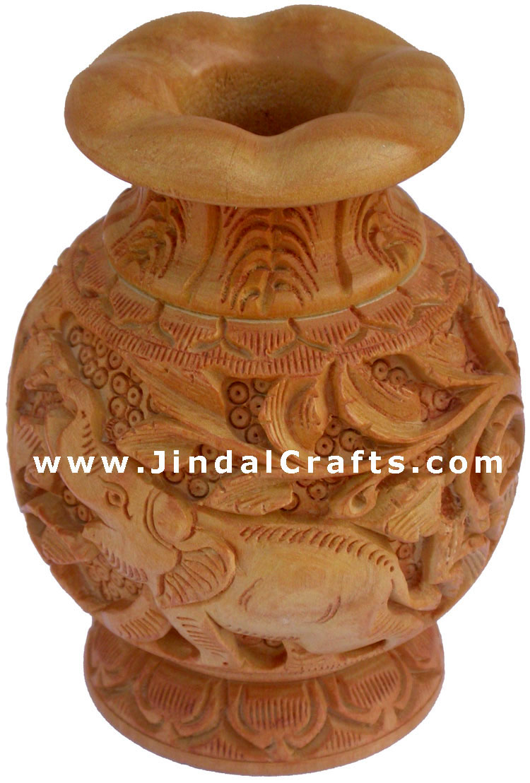 Hand Carved Wooden Decorative Vase India Fair Trade Art Leaf Carving Handmade