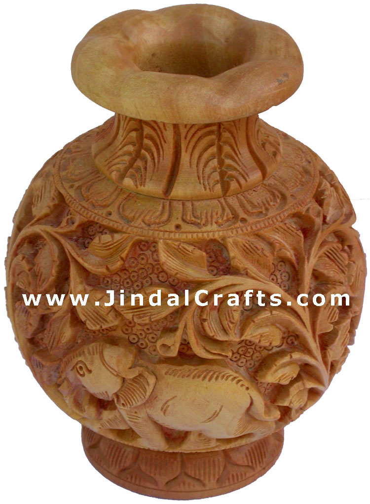 Hand Carved Wooden Decorative Vase India Fair Trade Art Jungle Elephant Decor