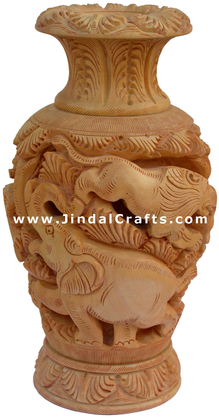 Hand Carved Wooden Decorative Vase India 3D Jungle Carving Art