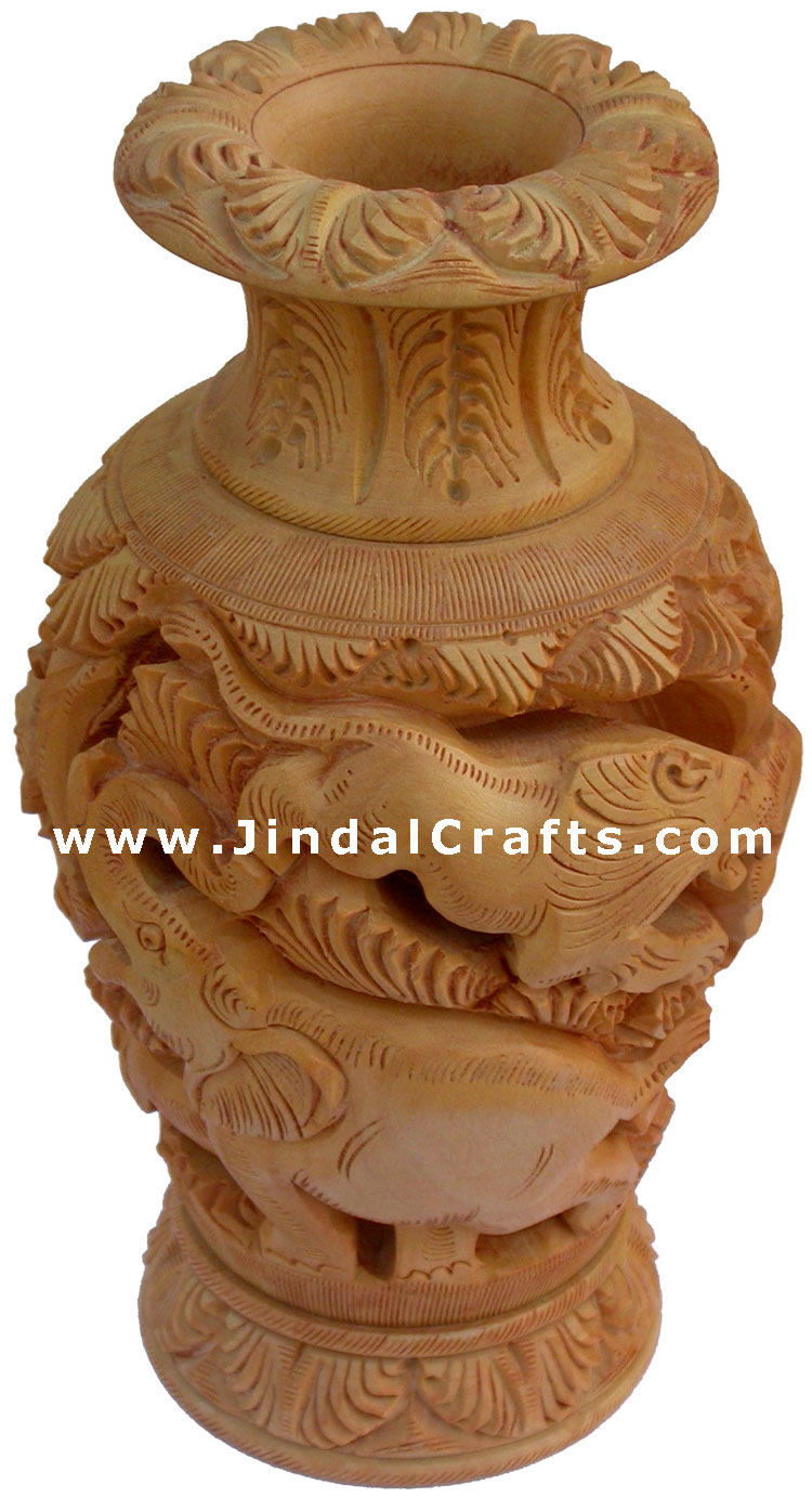 Hand Carved Wooden Decorative Vase India 3D Jungle Carving Art