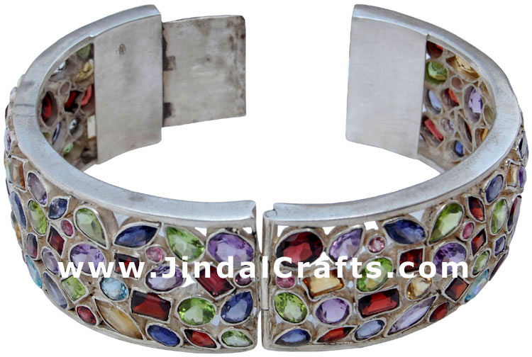 Handmade Semi Precious Stones Studded Silver Multi Colour Multi Stone Bangle Art