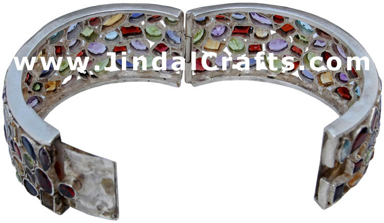 Handmade Semi Precious Stones Studded Silver Multi Colour Multi Stone Bangle Art