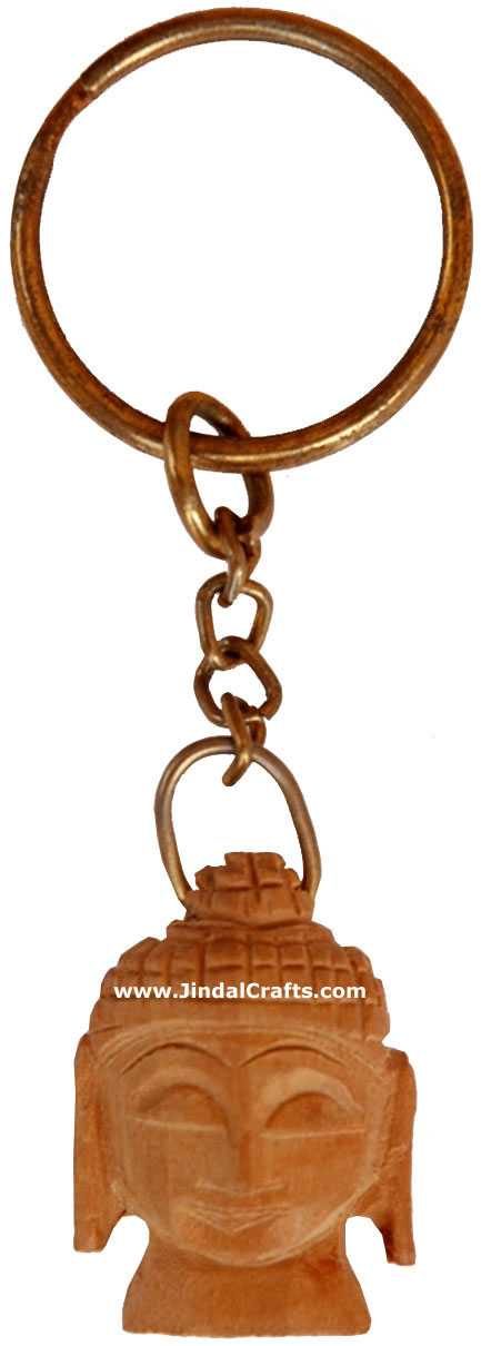Handmade Wooden Buddha Key Chain Ring India Carving Art