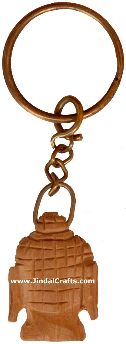 Handmade Wooden Buddha Key Chain Ring India Carving Art