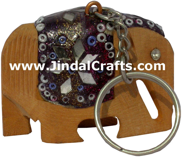 Hand Carved Wooden Elephant Key Chain Ring India Lac Work Traditional Handicraft
