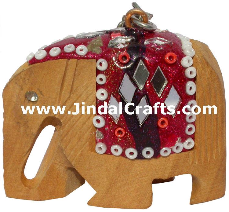 Hand Carved Wooden Elephant Key Chain Ring India Lac Work Traditional Handicraft