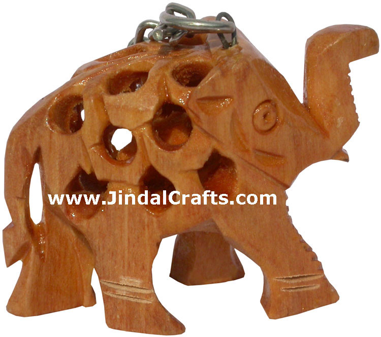 Hand Carved Wooden Carving Hollow Elephant Key Chain Ring Handicrafts Figurine