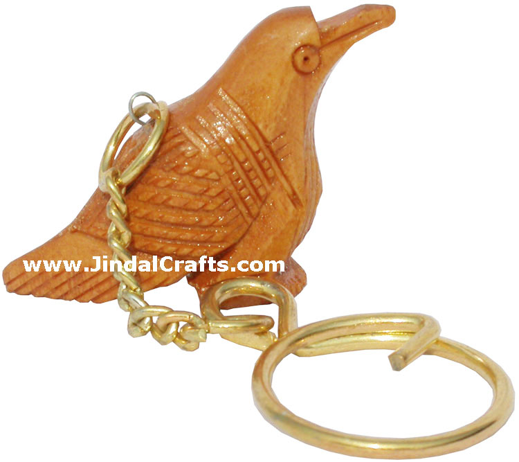 Handcarved Wood Carved Solid Sparrow Key Chain Ring India Traditional Handicraft