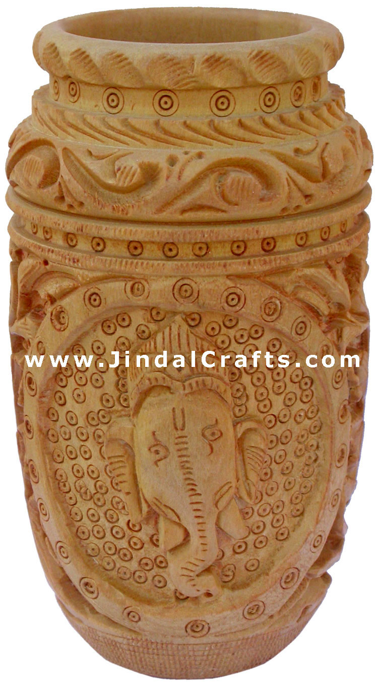 Hand Carved Wood Pen Holder Stand India Jungle Carving Gift Corporate Souvenirs
