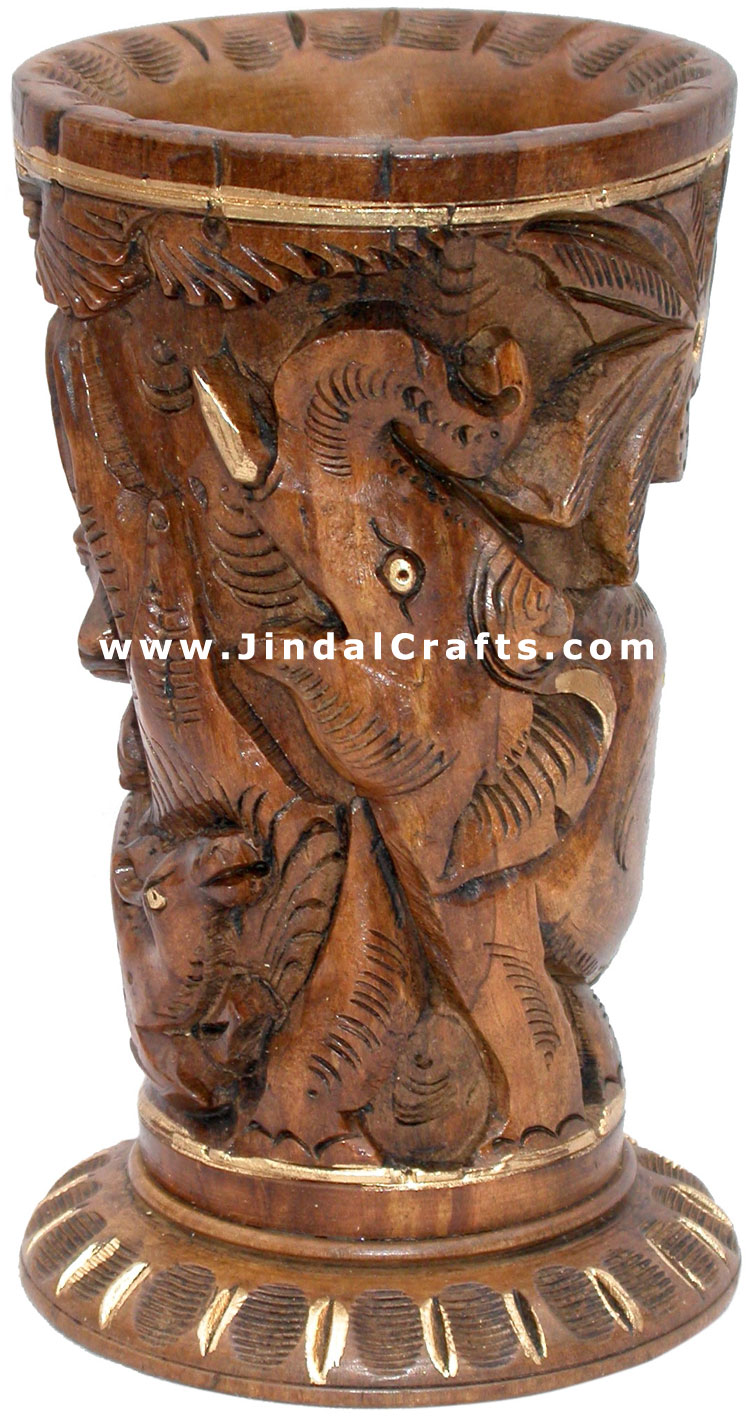 Pen Stand Wood Hand Carved Antique Look Jungle India