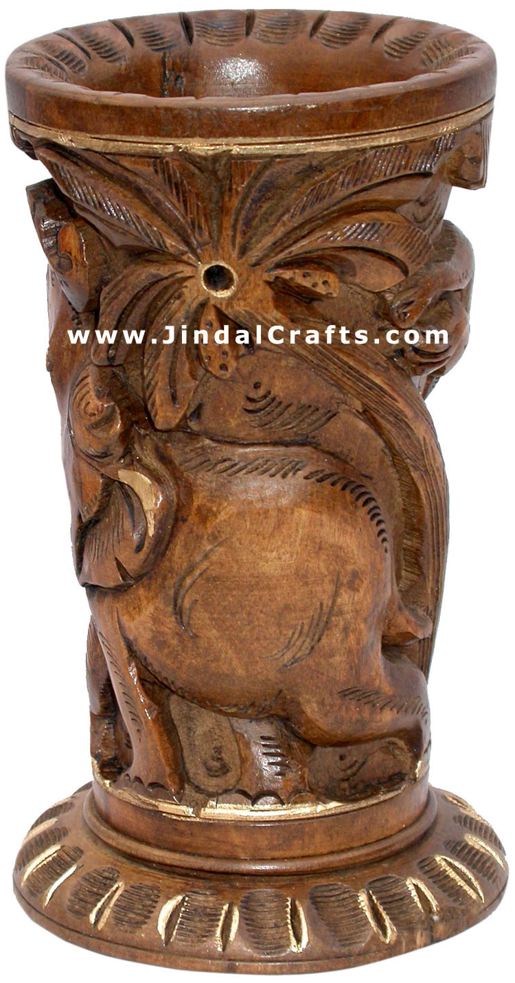 Pen Stand Wood Hand Carved Antique Look Jungle India