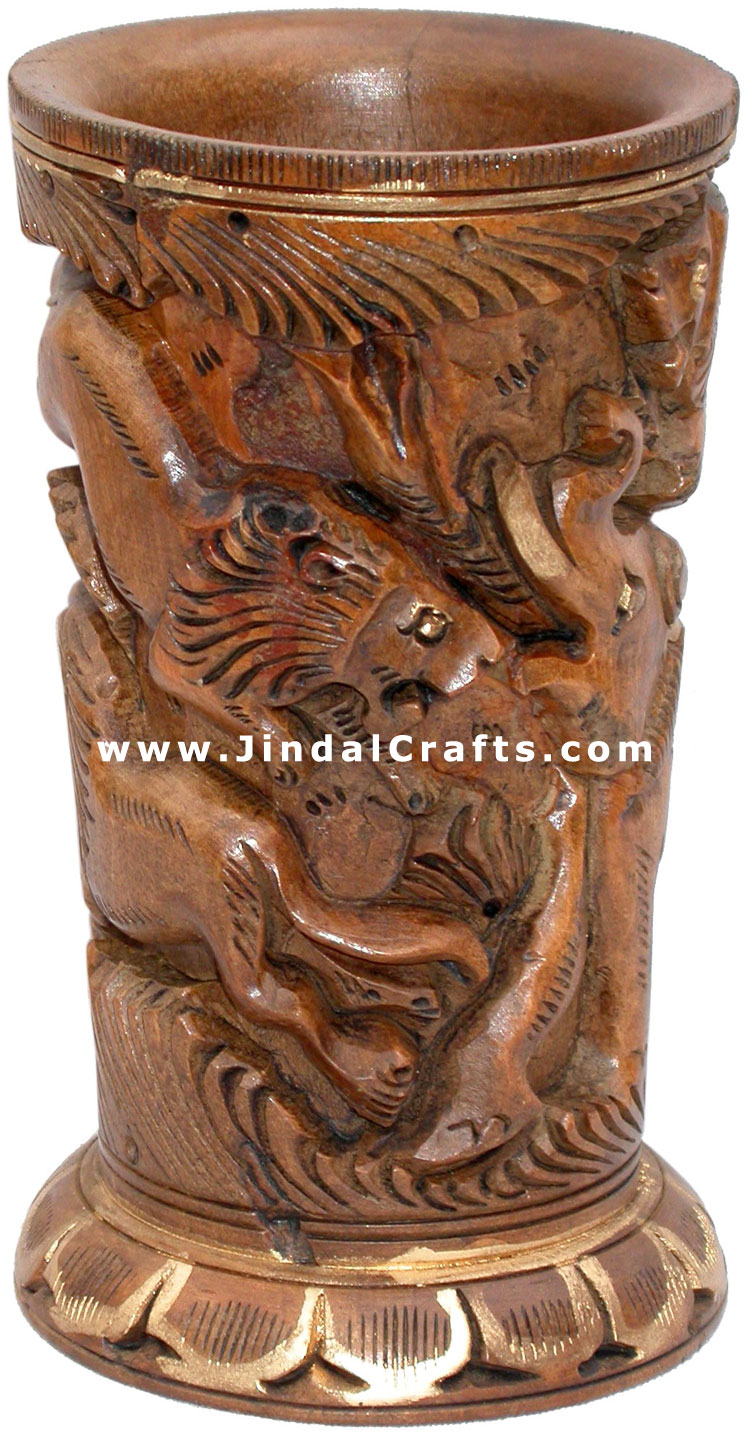 Hand Carved Antique Look Wooden Pen Pencil Holder Stand Jungle Art Elephant Lion