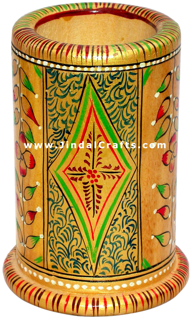 Pen Holder Wood Hand Crafted Hand Painted India Art wow