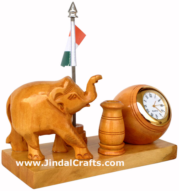 Wooden Pen Stand with Hand Carved Elephant Figurine, Clock, Flag of India