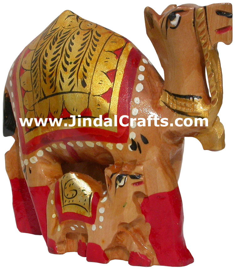 Hand Carved and Painted Wood Camel Family India Art