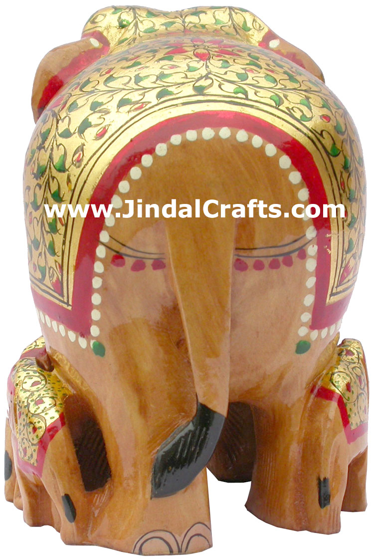 Hand Carved Real Gold Painted Elephant Family India Art
