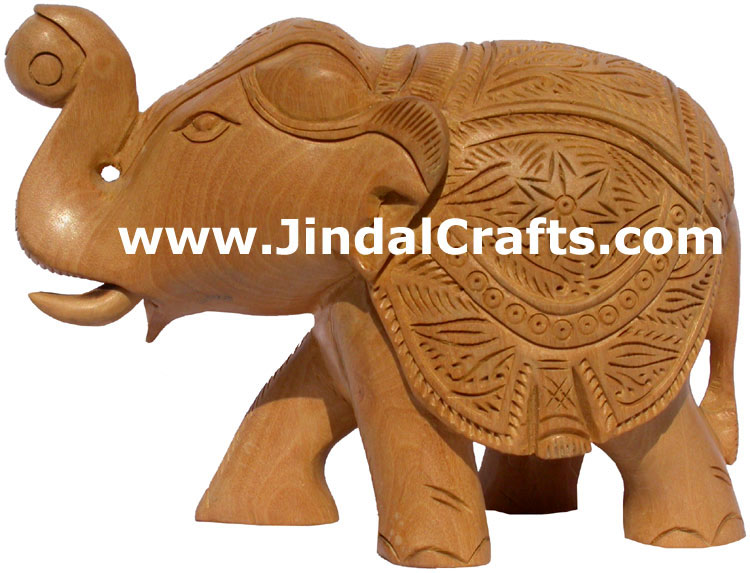 Hand Carved Wood Elephant Sculpture India Detailed Carving Work Handicrafts Gift