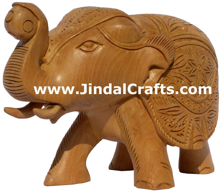 Hand Carved Wood Elephant Sculpture India Detailed Carving Work Handicrafts Gift