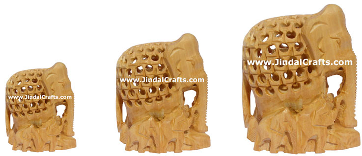 Set of 3  - Hand carved Wood Carved Hollow Elephants Family Indian Carving Art