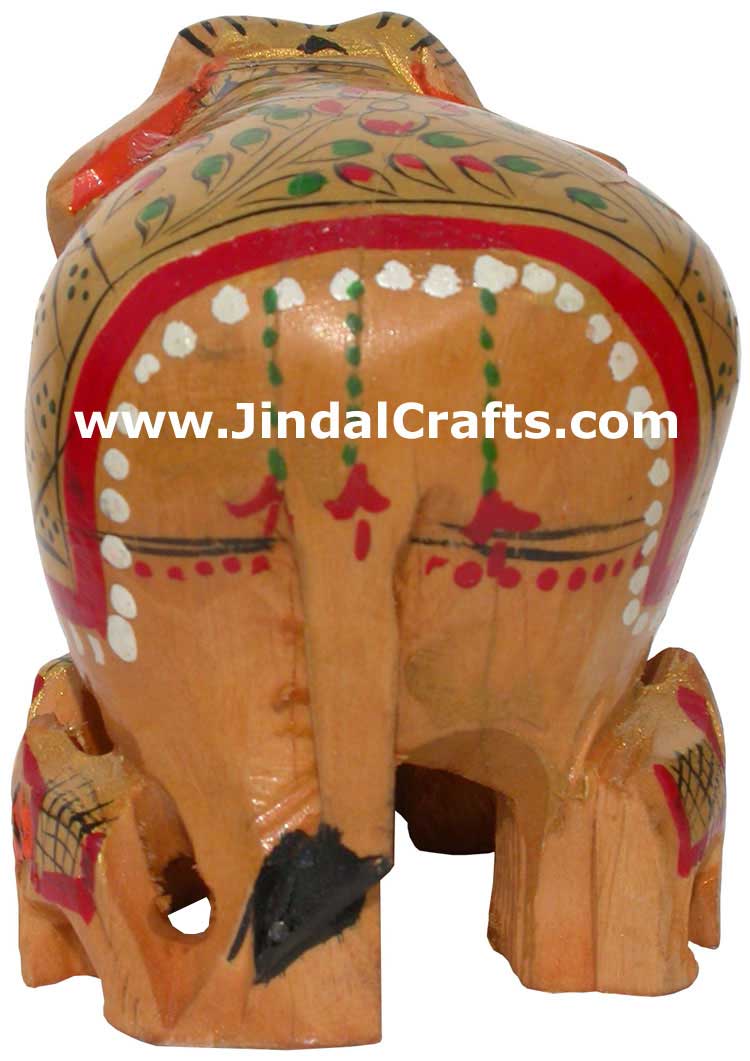 Hand Carved Hand Painted Wood Elephant Family India Artifacts Arts Figurine Idol
