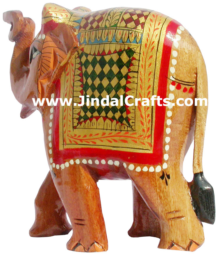Hand Carved Wooden Painted Elephant India Artifacts Art