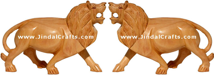 Pair of 2 wooden Lions - Hand Carved Indian Statue Art