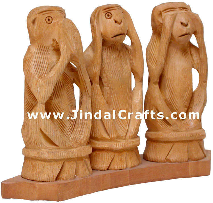 3 Wise Monkeys - Handcarved Wooden Figures India Arts