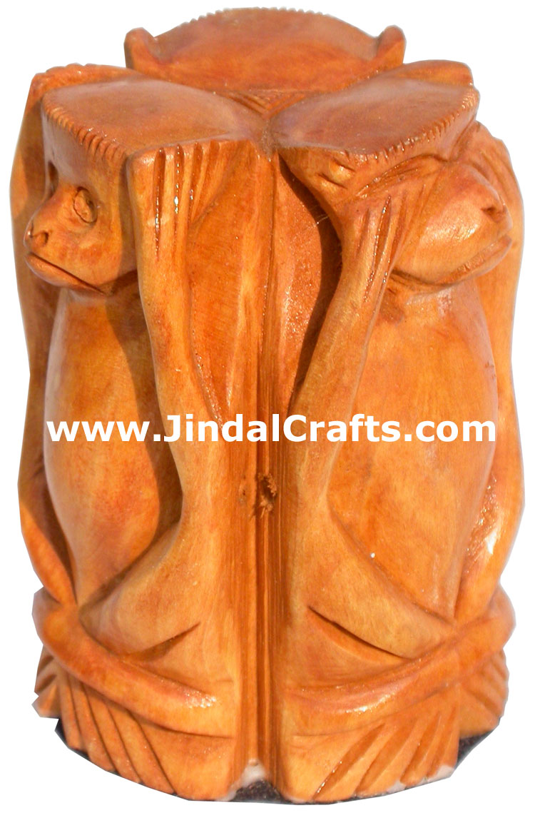Hand Carved 3 Wise Monkeys Mahatma Gandhi India Arts