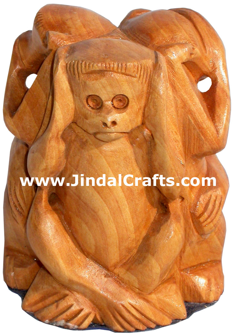 Hand Carved Set of Monkeys Mahatma Gandhi India Arts