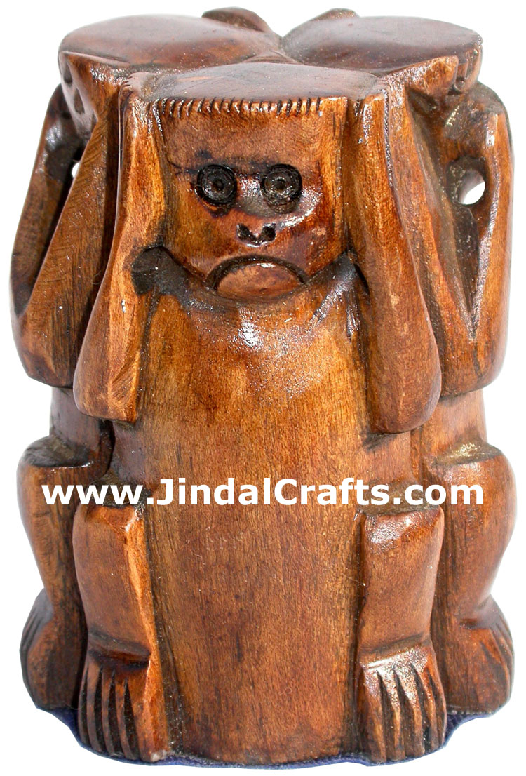 Hand Carved Set of Monkeys Mahatma Gandhi India Arts