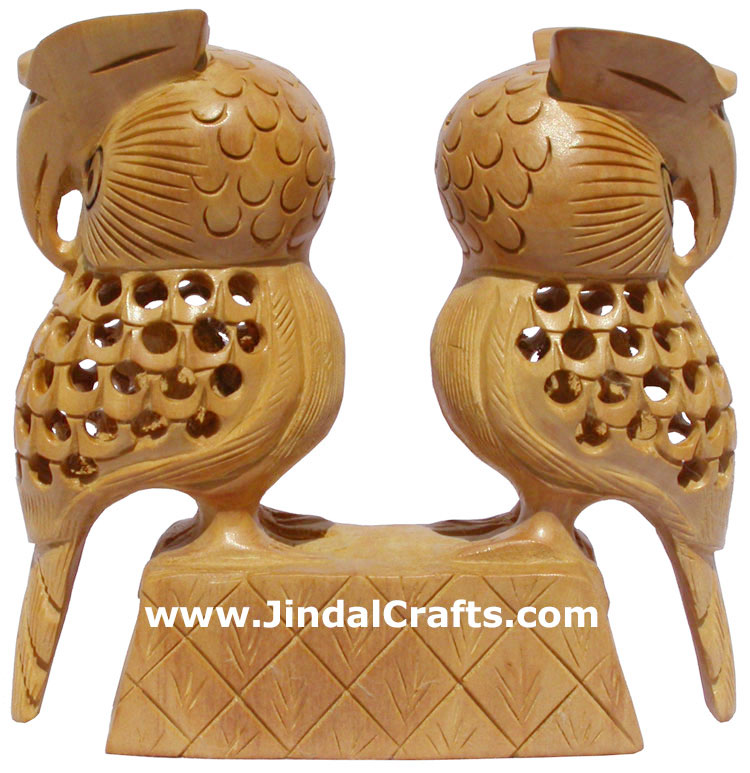 Handmade Wood Sculpture Owl Pair Figurine Indian Art Statues Figurine Home Decor