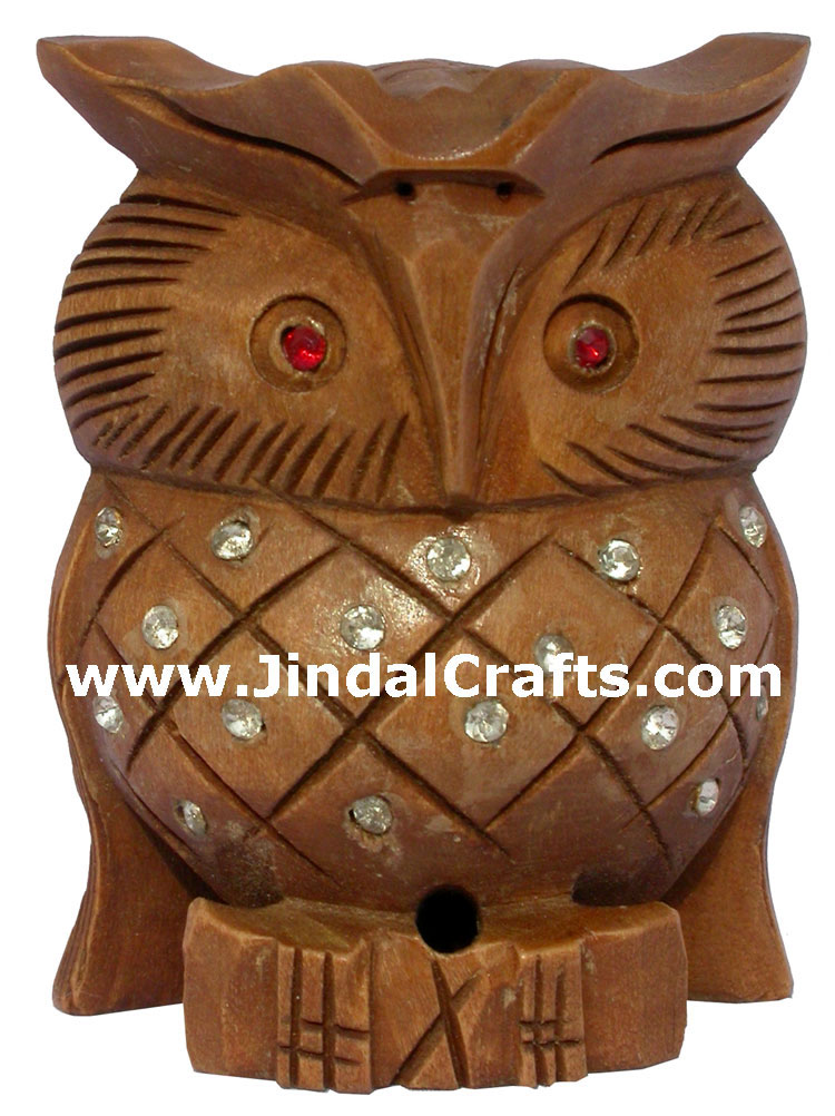 Set of 3 Handmade Star Owl Figures India Wood Carving